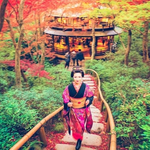 Puzzle Geisha japonaise - Jardin de Kyoto en automne - Puzzle 500/1000 pièces - Art traditionnel du Japon