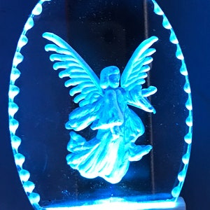 Angel nightlight on clear glass like acrylic LED light offers 8 color options Deborah Houser personalized free memorial family Christmas