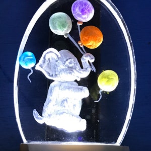 Elephant night light with balloons or rose carved in clear acrylic with 3 light color options engraved free ships free