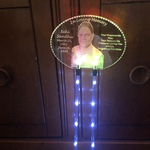 Photo etched lighted cemetery solar stake portrait family friend memorial keepsake grave marker engraved remembrance gift