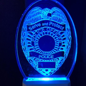Police badge with number etched on a night light 3 light color choices available Engraved free