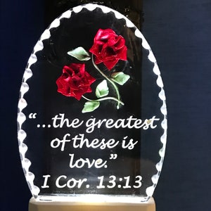Any bible verse nightlight hand etched by Deborah Houser personalized free any color roses or flowers