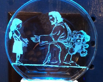 Jesus giving gift LED nightlight, engraved, personalized free, your choice of light color and rose color