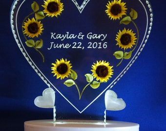 Sunflower cake topper wedding personalized engraved anniversary birthday gift heart with hand carved 3D sunflower battery operated LED light