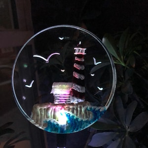 Lighthouse solar garden stake lighted, hand carved for 3D detail, engraved personalized free, beach lover gift, ocean scene light sea