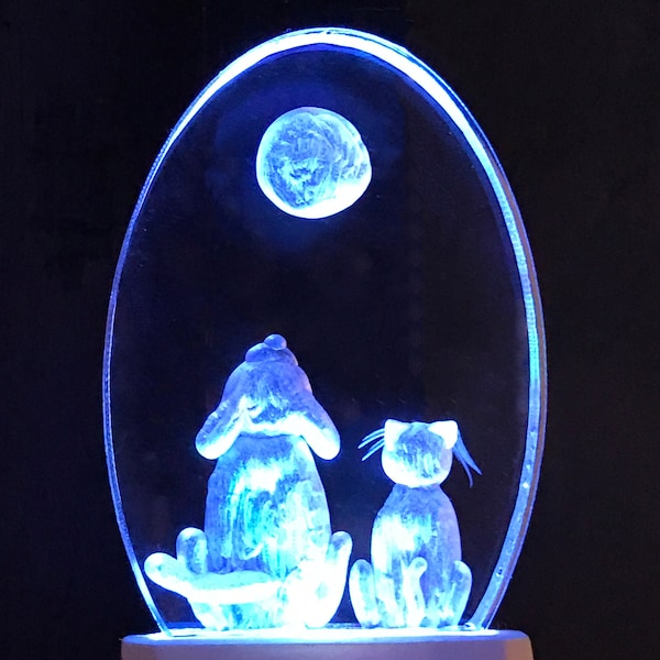 cat and dog night light 3D hand carved clear acrylic LED light has 8 color choices