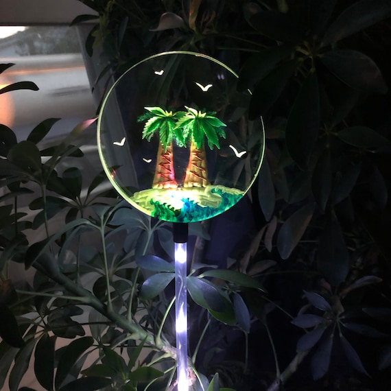 Palm Trees Solar Garden Stake Lighted Hand Carved for 3D Detail