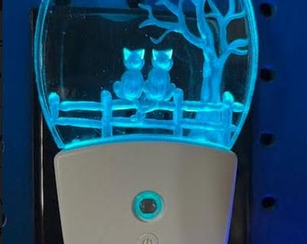 Cat night light two cats on fence nightlight personalized LED has 3 light color options; white, blue or color changing cat lover gift