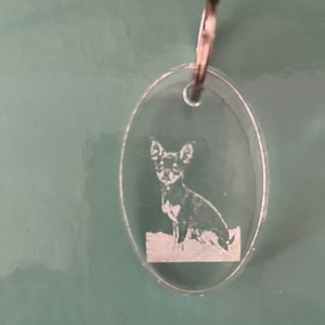 Chihuahua keychain made from clear acrylic, any dog breed available, engrave a name to make it an extra special gift