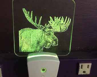Moose head LED nightlight, engraved, personalized free, your choice of light color
