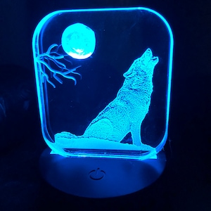 Wolf howling at moon night light  sitiing scene 2 and 3D carved battery operated USB light engraved free personalized wolf lover gift