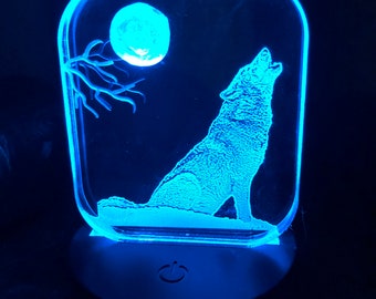 Wolf howling at moon night light  sitiing scene 2 and 3D carved battery operated USB light engraved free personalized wolf lover gift