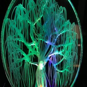May include: A 3D printed glass sculpture of a weeping willow tree with a light inside, casting a green glow.