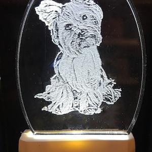 Yorkshire Terrier Dog  nightlight etched in clear glass like acrylic 3 light color options ADD A NAME free engraved dog gift Yorkie lover