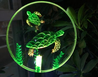 Sea Turtles solar garden stake lighted, hand carved for 3D detail, engraved gift, personalized free, turtle lover gift, turtle light