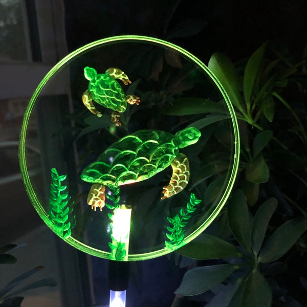 Sea Turtles solar garden stake lighted, hand carved for 3D detail, engraved gift, personalized free, turtle lover gift, turtle light