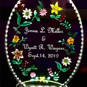 Custom flower wedding gift/cake topper,a beautiful art piece engraved by hand into acrylic, adored for years to come