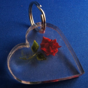 May include: Clear heart-shaped keychain with a red rose and green leaves encased inside. The keychain has a silver metal ring for attaching to keys or a bag. The background is a solid blue.