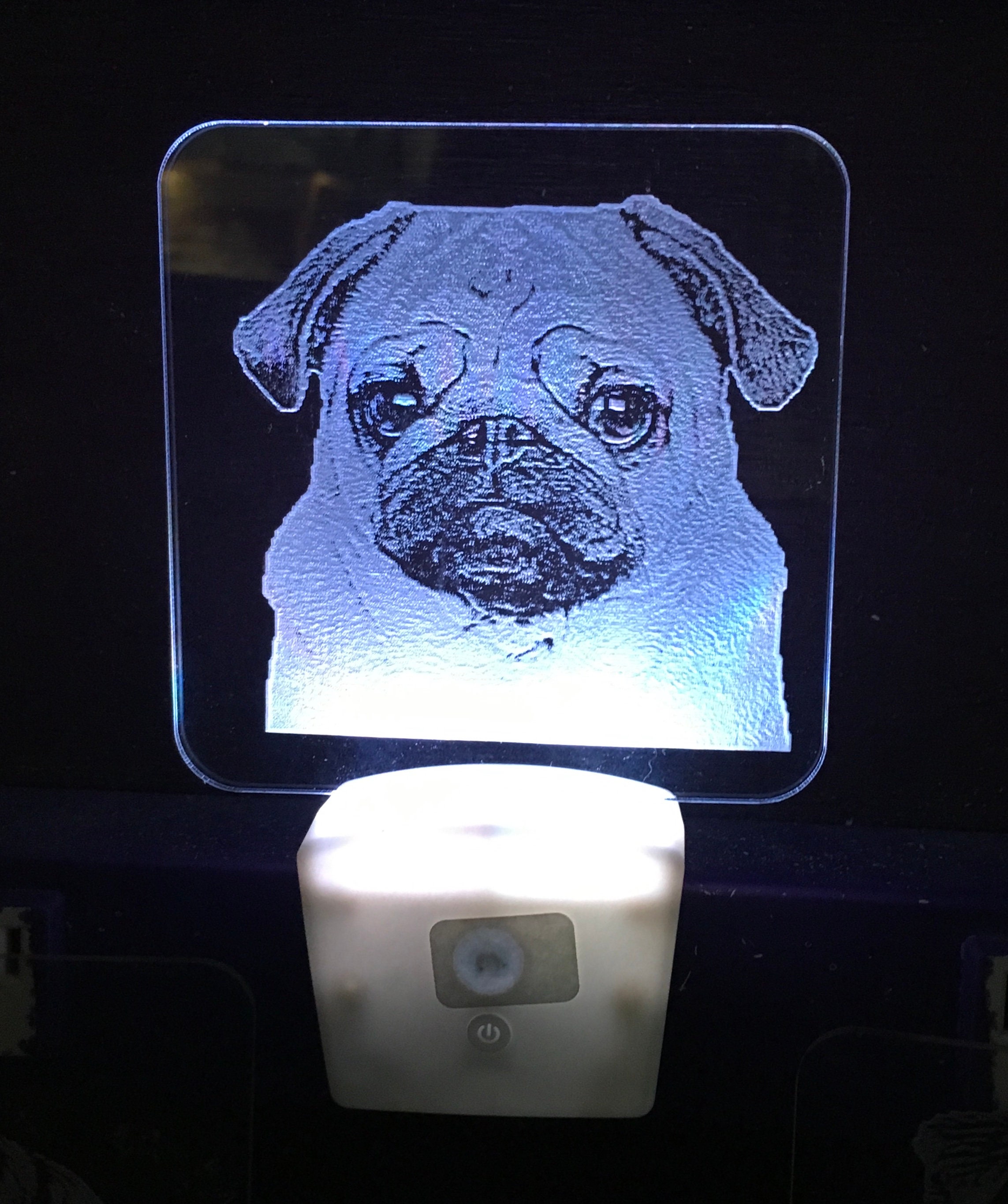 Pug Dog LED Night Light Etched in Clear Glass Like Acrylic