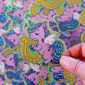 Unicorn Playing Harp Die-Cut Vinyl Sticker with Glitter Finish image 1