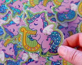 Unicorn Playing Harp Die-Cut Vinyl Sticker with Glitter Finish