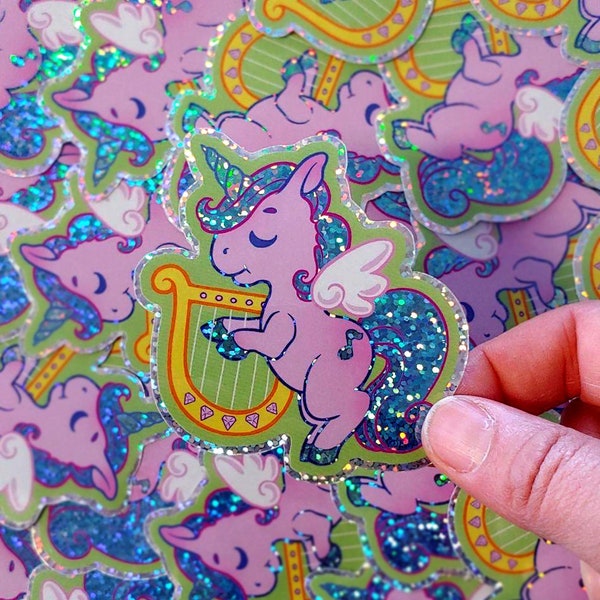 Unicorn Playing Harp Die-Cut Vinyl Sticker with Glitter Finish