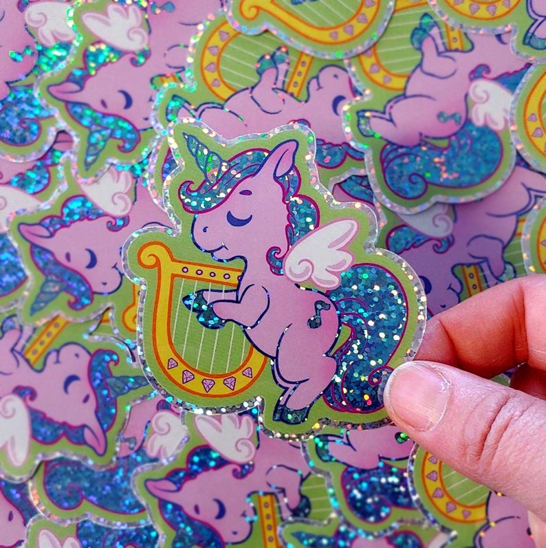 Unicorn Playing Harp Die-Cut Vinyl Sticker with Glitter Finish image 1