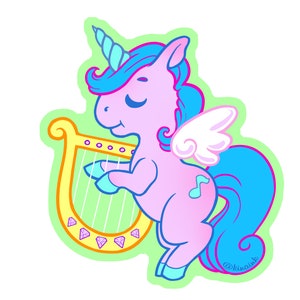 Unicorn Playing Harp Die-Cut Vinyl Sticker with Glitter Finish image 2