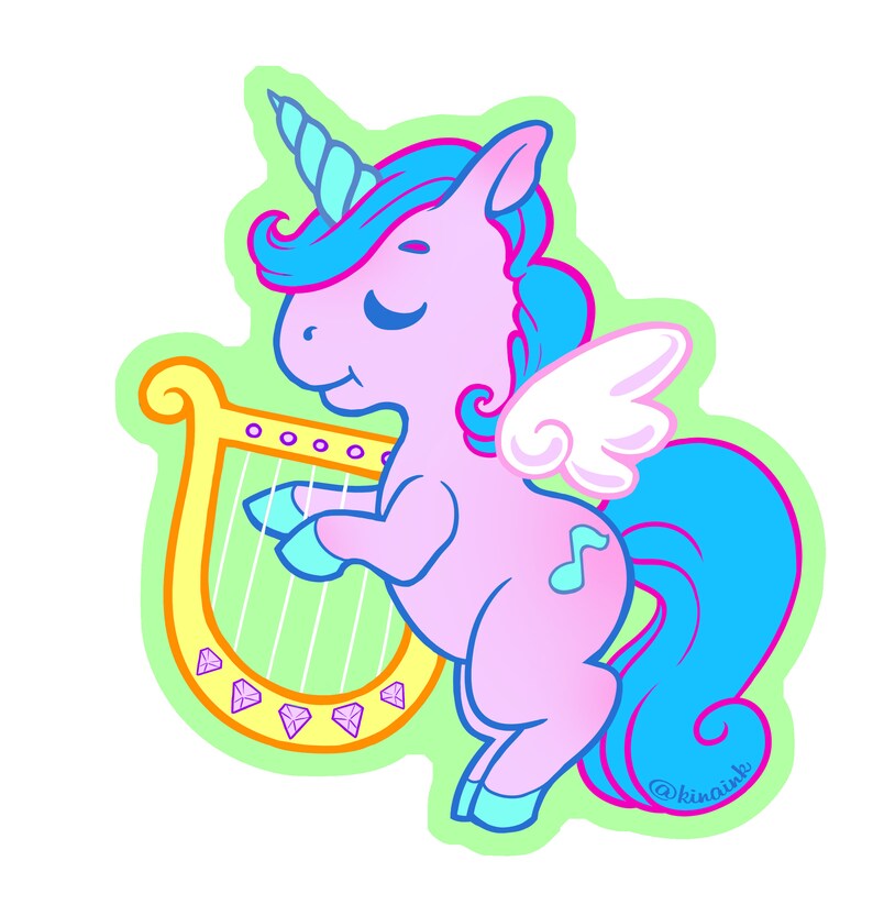 Unicorn Playing Harp Die-Cut Vinyl Sticker with Glitter Finish image 2