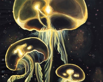 Acrylic Painting Golden Jellyfish Underwater Art Print