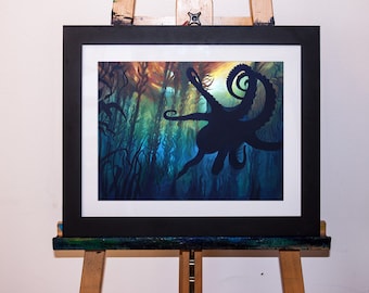 Acrylic Painting Kelp Forest and Octopus Underwater Art Print