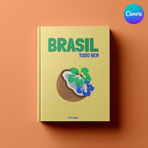 May include: A hardcover book with a yellow cover featuring the word "BRASIL" in green, and "TUDO BEM" in smaller green text. A coconut illustration with green leaves and blue flowers is below the text. The book is on an orange surface.