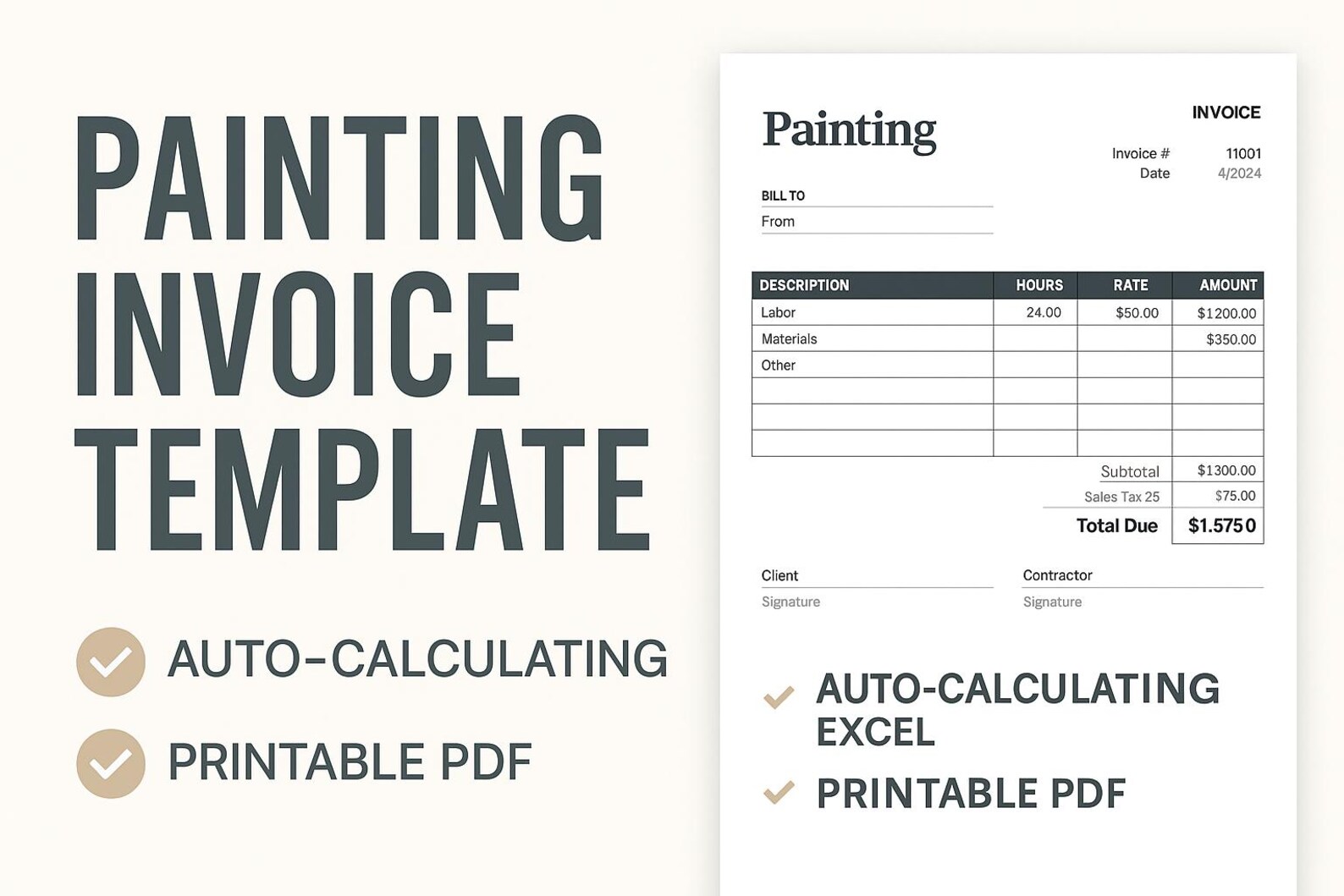 Painting Invoice Template – Auto-calculating Excel + Printable PDF ...