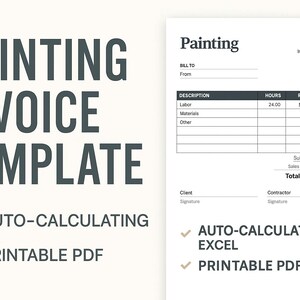 Può includere: Un modello di fattura di pittura con il titolo "PAINTING INVOICE TEMPLATE" in grigio scuro. La fattura include campi per manodopera, materiali e altri costi, con funzioni di calcolo automatico e formato PDF stampabile.