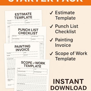 Pode incluir: Kit inicial do pintor com modelo de estimativa, lista de verificação, fatura de pintura e modelo de escopo de trabalho. A imagem tem um cabeçalho laranja com texto branco e as palavras "Download instantâneo".