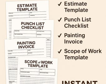 May include: Painter's Starter Pack with Estimate Template, Punch List Checklist, Painting Invoice, and Scope of Work Template. The image has an orange header with white text and the words "Instant Download".