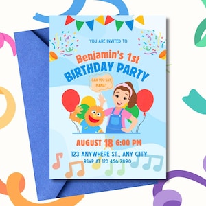 Puede incluir: Invitación de cumpleaños azul claro con el texto "1er cumpleaños de Benjamin". La invitación presenta personajes de dibujos animados, globos y notas musicales. También se incluye la fecha y hora de la fiesta.