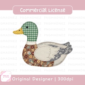 May include: A decorative duck design with a green checkered head, yellow dotted beak, and a body featuring floral and striped patterns. The image includes the text "Commercial License" and "Original Designer | 300dpi".