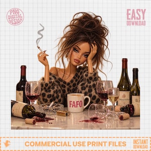 May include: A doll with messy brown hair wearing a leopard print jumper, holding a cigarette with smoke, sitting behind a table with wine bottles, wine glasses, a glass ashtray, and a white mug with the pink text FAFO printed on the front.