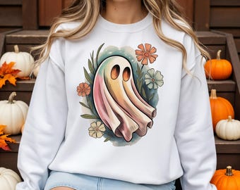 Retro Floral Ghost PNG: Vintage Fall, Boho Halloween Designs (Digital Download for Sublimation)