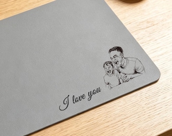 Custom Dad Photo Sketch Line Art Leather Desk Mat, Personalized Photo Father's Day Gift For Husband, Dad Picture Desk Pad Mouse Mat