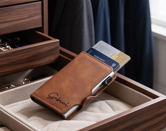 Personalized Leather Pop‑Up Wallet,RFID Mechanical Card Holder, Ideal Gift for Husband, Dad, Boyfriend, Son