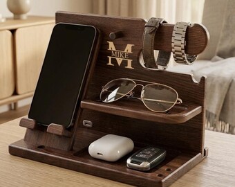 Personalized Wooden Office Desk Organizer: Custom Docking Station, Phone Stand, Office Desk Accessories, Anniversary gift for him