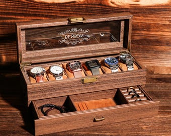 TWO Layers 6 Slot Personalized Men's Watch Box | with Drawer Watch Display Case for 6 Watches |Anniversary for Him