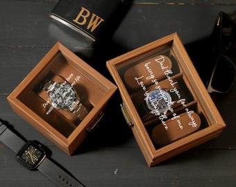 Personalized Watch Box w/ Glass Top & Pillow (Watch NOT Included) - Custom Watch Case，Custom Wedding Day Gift For Husband，Travel gifts
