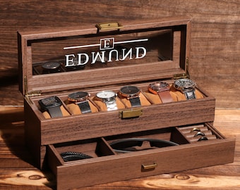 TWO Layers 6 Slot Personalized Men's Watch Box | with Drawer Watch Display Case for 6 Watches |Grain Leather watch box|Anniversary for Him