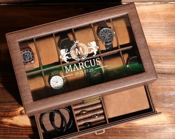 TWO Layers 12 Slot Personalized Men's Watch Box | with Drawer Watch Display Case for 12 Watches |Grain Leather watch box|Anniversary for Him