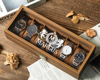 Gepersonaliseerde horlogedoos - herenvitrine met 6 sleuven en gepersonaliseerd deksel voor hem, luxe cadeaus voor hem, verjaardagscadeau, jubileumcadeau