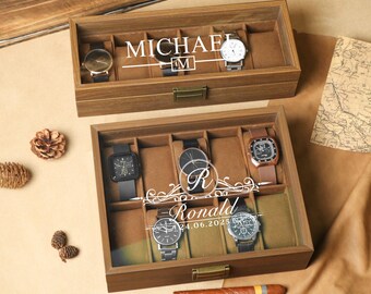 Étui de rangement personnalisé pour montres, boîte à montres en bois gravée, boîte à montres pour homme, cadeau d'anniversaire pour lui, mari, cadeau d'anniversaire pour petit ami