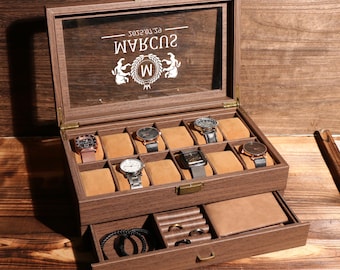 TWO Layers 12 Slot Personalized Men's Watch Box | with Drawer Watch Display Case for 12 Watches |Grain Leather watch box|Anniversary for Him
